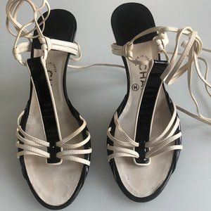 SOLD CHANEL Vintage Lace Up Black and White Sandals Size 38